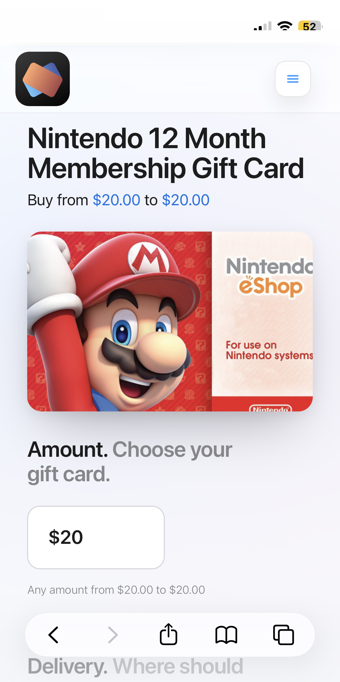 Nintendo 12 Month Membership gift card